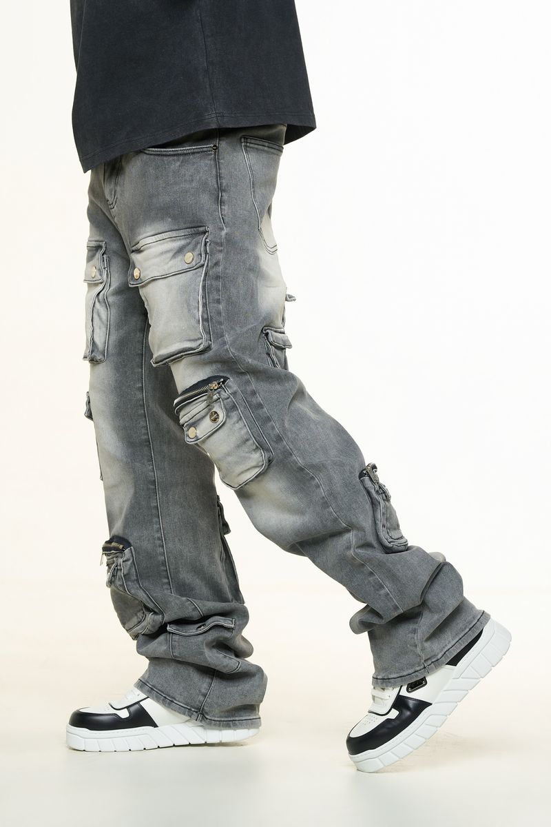 "HEAVY THOUGHTS" CARGO BAGGY DENIM (CHARCOAL GREY WASH)
