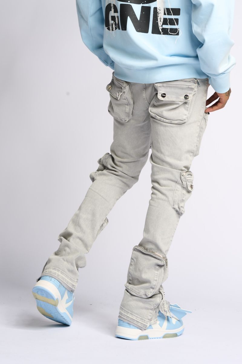 "JOURNEY TO GREATNESS" STACKED CARGO DENIM (COLD GREY)