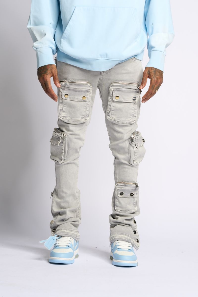 "JOURNEY TO GREATNESS" STACKED CARGO DENIM (COLD GREY)