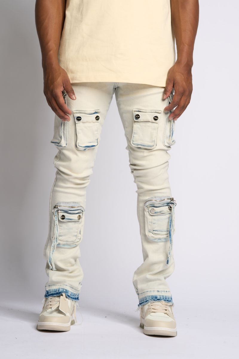 PHEELING ALONE STACK CARGO DENIM (LIGHT BLUE)
