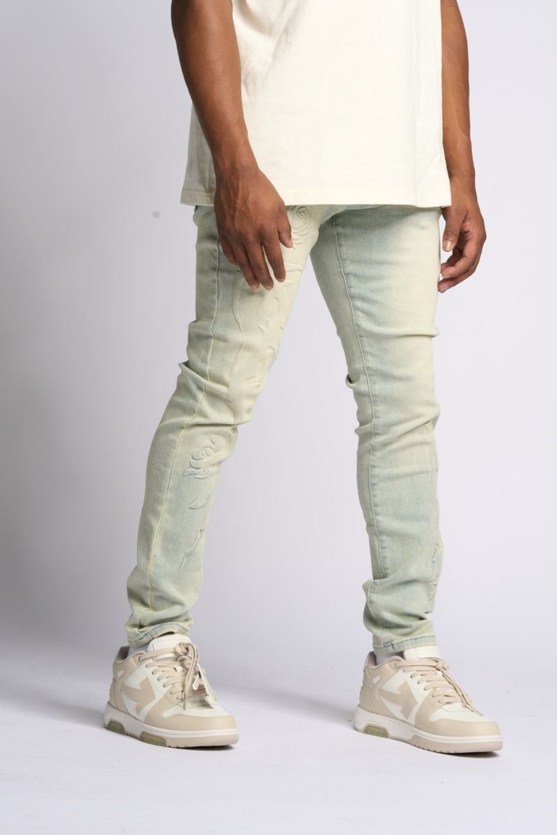 "LOVE IS PAIN" EMBOSSED SKINNY DENIM (LIGHT BLUE/SAND)