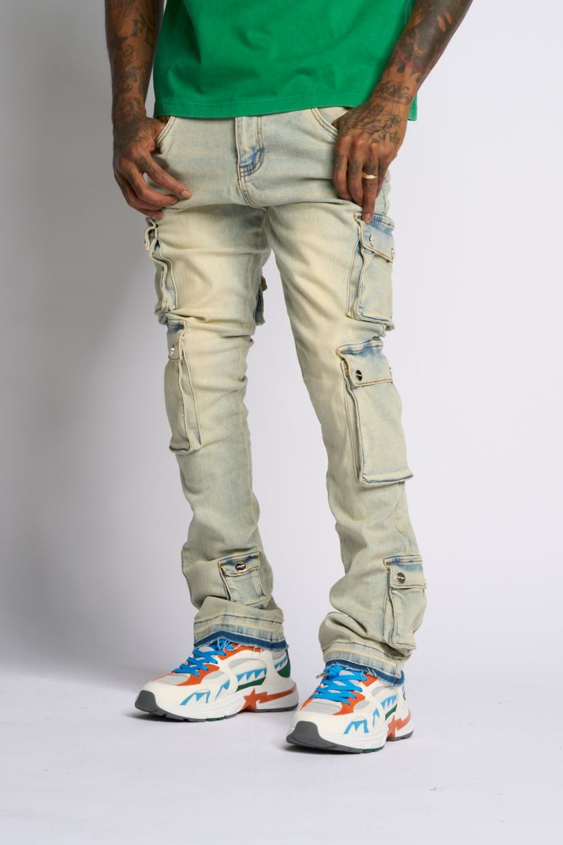"GRAVATUS" STACK CARGO DENIM (SAND/LIGHT BLUE)