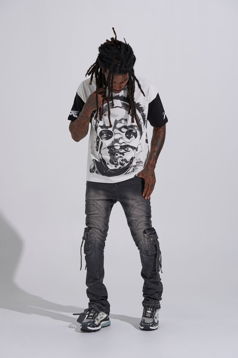 "SHOOT FOR THE STARS" STACK CARGO DENIM (BLACK WASH)