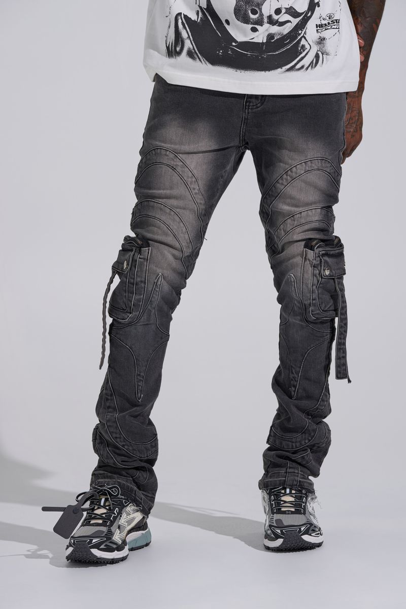 "SHOOT FOR THE STARS" STACK CARGO DENIM (BLACK WASH)