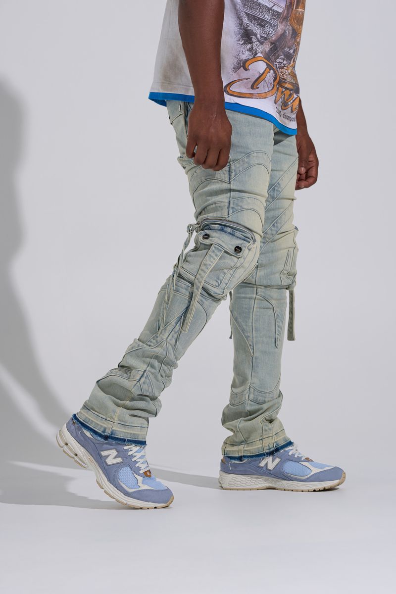 "SHOOT FOR THE STARS" STACK CARGO DENIM (LIGHT BLUE)