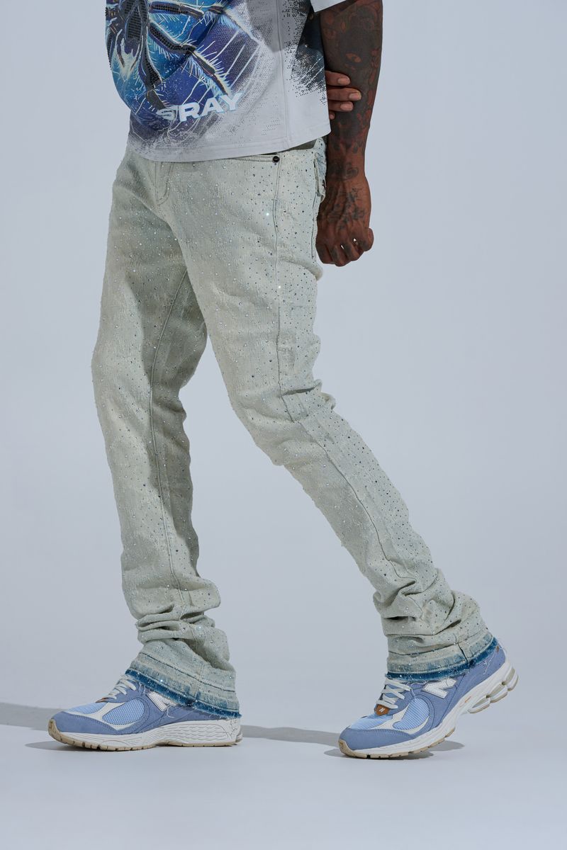 "FIRST MILLION" RHINESTONE STACK DENIM (LIGHT BLUE)