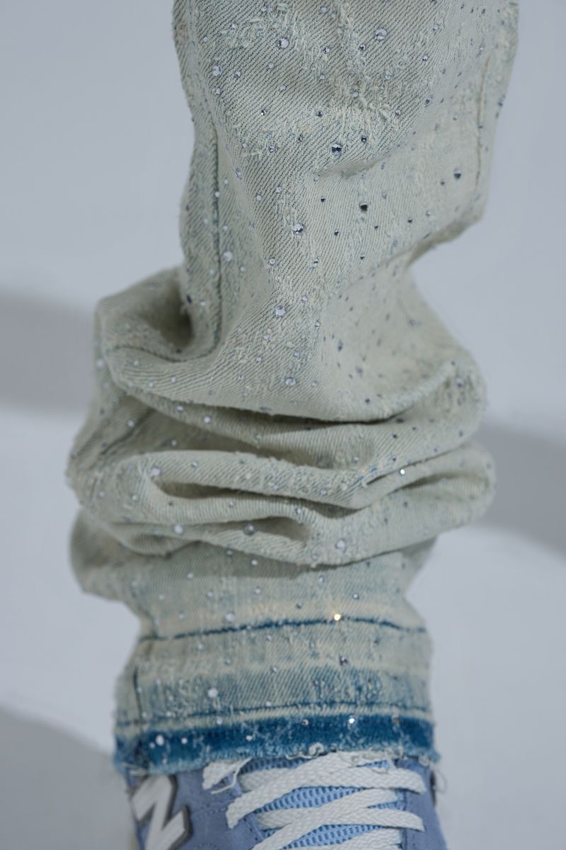 "FIRST MILLION" RHINESTONE STACK DENIM (LIGHT BLUE)